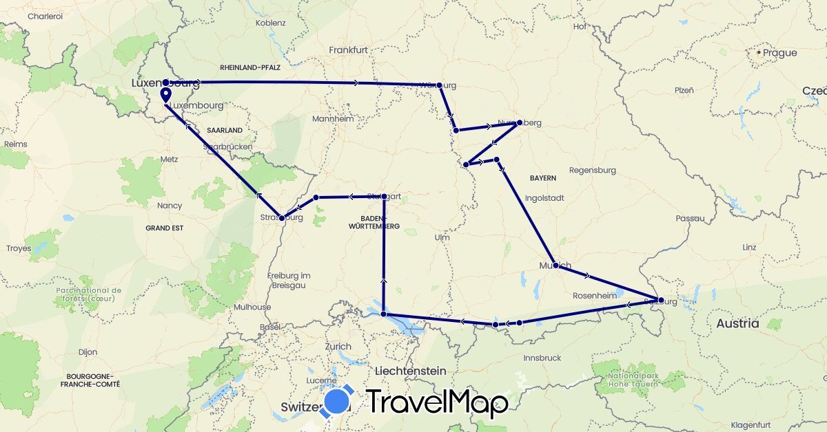 TravelMap itinerary: driving in Austria, Germany, France, Luxembourg (Europe)